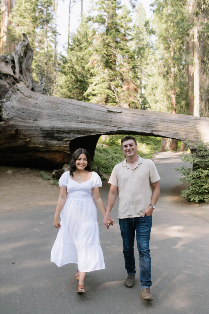 couple holding hands walking around sequoia national park 